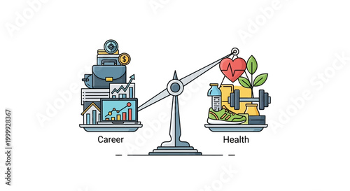 Balancing Career and Health on Scales: Work-Life Balance Concept Illustration