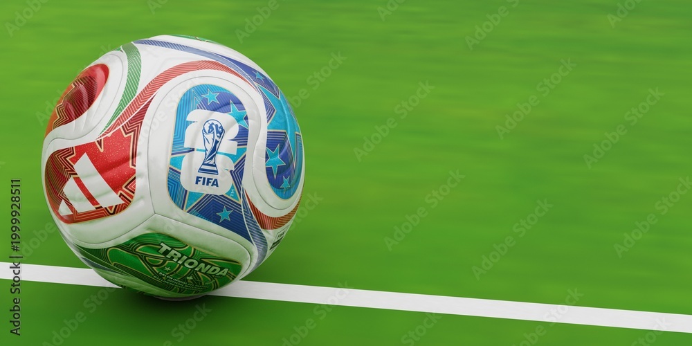 Fototapeta premium FIFA World Cup 2026 ball on green grass, football banner background for championship concept
