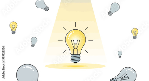 Bright Idea Bulb Shining Spotlight, Many Other Bulbs Around