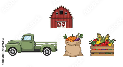 Green old pickup truck with vegetables.