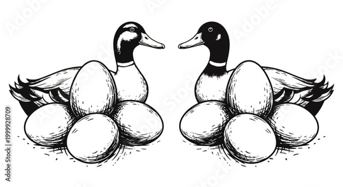 Two ducks sitting on their eggs.