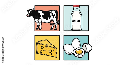 Dairy products and farm animal icons.