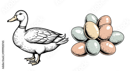 Duck standing beside colored eggs.
