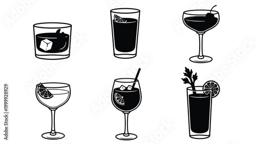Black and white vector icons: diverse cocktail drinks with garnishes in various glass types.