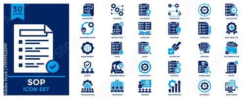 Standard Operating Procedure (SOP) icon collection. Contains icons for guidelines, implementation, instruction, management, plan, procedure, process, standard, workflow. Flat vector illustration.