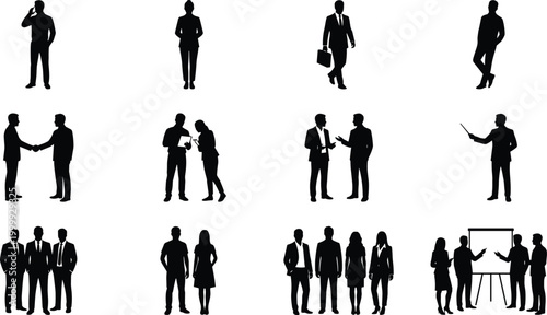 Business people silhouette set with corporate teamwork meeting handshake and office group isolated on white background
