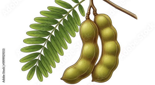 An illustration of green plant seeds pods with leafy branch for agriculture or botany use