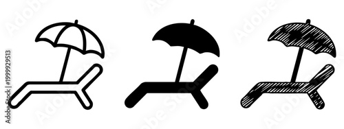 Sun Lounger and Parasol Icon Set in Three Styles - Outline, Silhouette, and Sketch
