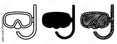 Snorkeling Gear Icon Set in Three Styles - Outline, Silhouette, and Hand-Drawn Sketch