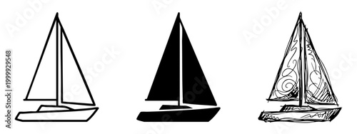 Sailboat Icon Set in Line Art, Silhouette and Hand Drawn Sketch Styles