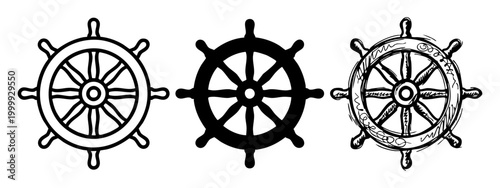 Ship Steering Wheel Icon Set in Line Art, Silhouette and Doodle Styles