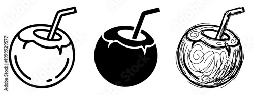 Fresh Coconut Drink with Straw Icon Set in Three Different Styles