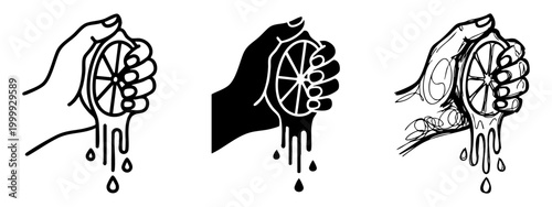 Set of Hand Squeezing Citrus Slice Icons in Outline Silhouette and Hand Drawn Sketch Styles