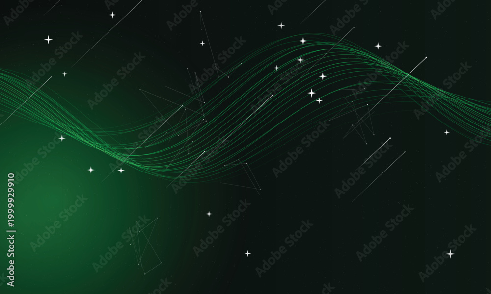 Fototapeta premium Green aurora waves and starry sky with constellation lines space stars