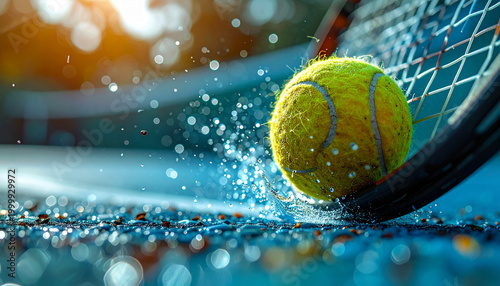 Close up shot of a tennis ball hitting a racket with water splashes