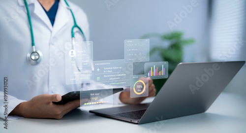 Doctor using tablet and laptop analyzing patient data with virtual dashboard showing risk monitoring healthcare analytics medical technology clinical decision support improving care