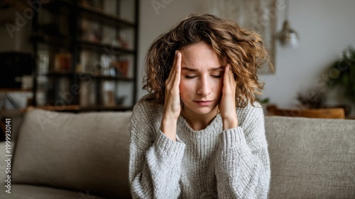 Woman, sofa and stress with headache, migraine or anxiety with massaging temple in living room. Tension, mental health and wellness discomfort, crisis and worried female person frustrated in home