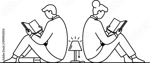 Two people reading books back to back with a lamp in between