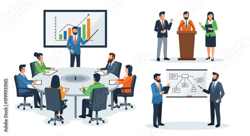 Business Meeting and Presentation Set: Team Collaboration, Strategy Planning, and Public Speaking