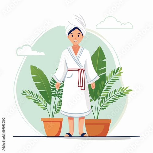 Woman in Bathrobe and Towel with Plants