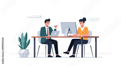 Business meeting, colleagues working together at office desk with computers, flat illustration
