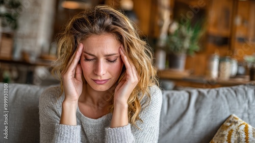 Woman, sofa and stress with headache, migraine or anxiety with massaging temple in living room. Tension, mental health and wellness discomfort, crisis and worried female person frustrated in home