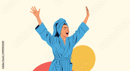 Happy young woman wearing a blue bathrobe and hair towel yawning and stretching after a relaxing shower in the morning.