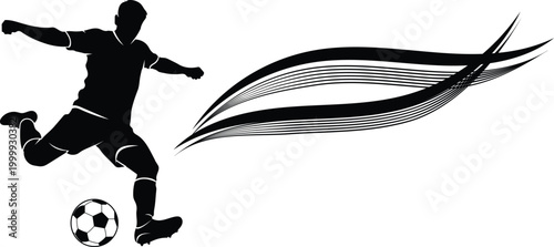 Black and white of a soccer player kicking a ball soccer ball