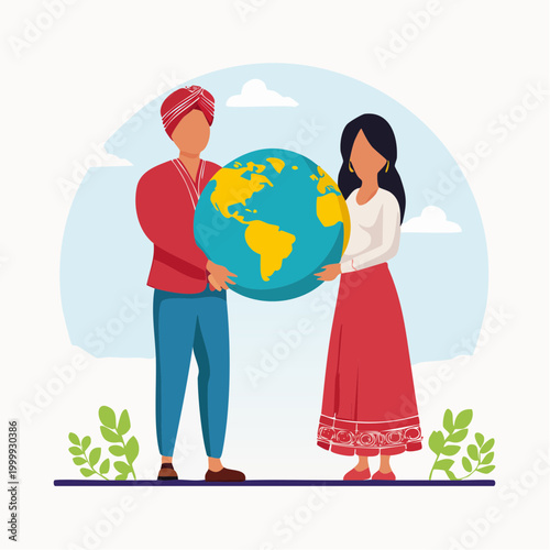 Diverse people holding the Earth globe together