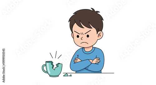 Angry young boy with crossed arms looking at a broken ceramic cup on a table after an accidental drop or tantrum.
