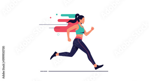 Athletic woman running at high speed with colorful motion lines signifying energy, power, and determination in sport.