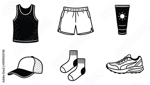 Active Lifestyle Essentials: Sportswear, Footwear, Cap, Socks, Sunscreen Line Icons