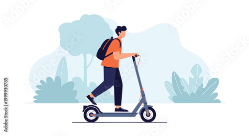 Modern man commuting to work or school on an electric scooter through a green park with trees in the background.