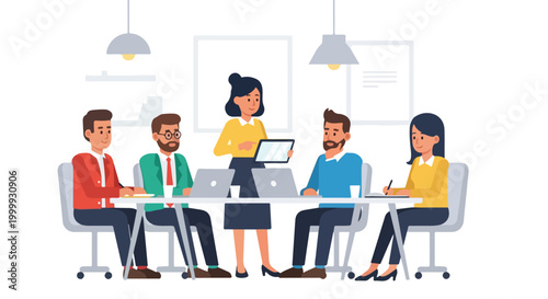 Diverse colleagues collaborate around a table in a modern office while a female professional presents digital data using a handheld tablet.