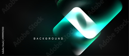 Abstract design features flowing turquoise shapes over dark background. Minimalist composition creates modern visual effect.