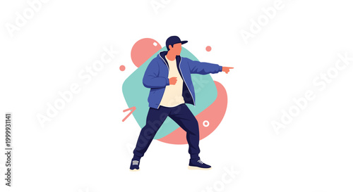 Dynamic character illustration of a person in a blue jacket and cap pointing forward against a modern abstract geometric background.