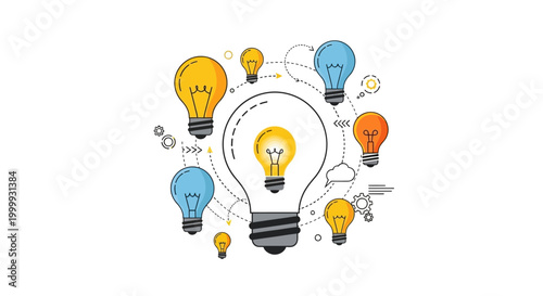 Creative idea generation, innovation, and teamwork with light bulbs around a central bulb