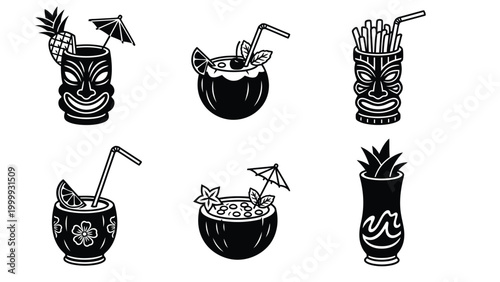 Tropical Tiki Cocktails Vector Icons Set. Black and White Hawaiian Party Drinks Illustrations.