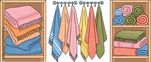 A Large Collection Of Colorful Folded And Hanging Bathroom Towels Stored Neatly In Wooden Shelves On White