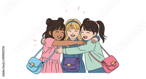 Three young girls with school bags sharing a warm group hug and laughing happily in a celebratory friendship moment.