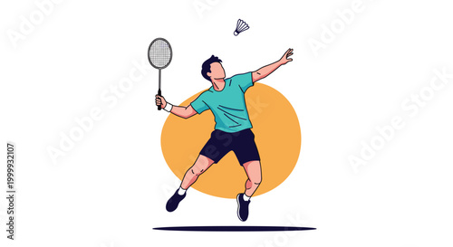 Dynamic illustration of a male badminton player jumping to hit a shuttlecock with his racket against a stylized sun background.
