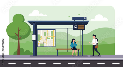 Modern bus stop scene with a man and woman waiting in front of a green mountain landscape with a map and digital display.