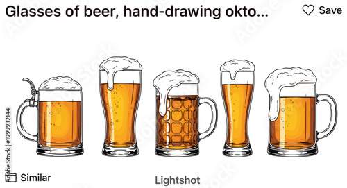 Hand drawn beer glasses collection with different mug styles, detailed vector illustration featuring lager drinks with foam, bubbles and draft beverage designs