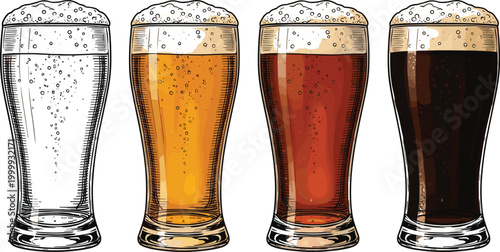 Beer glass collection with different lager styles and colors, hand drawn vector illustration featuring light amber and dark draft drinks with foam