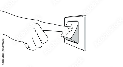 Simple line drawing of a human hand with one finger pressing down on a rectangular light switch mounted on a wall.