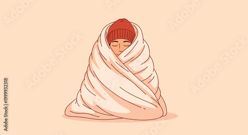 Cozy illustration of a person with eyes closed wrapped tightly in a thick beige blanket and wearing a red knitted winter hat.