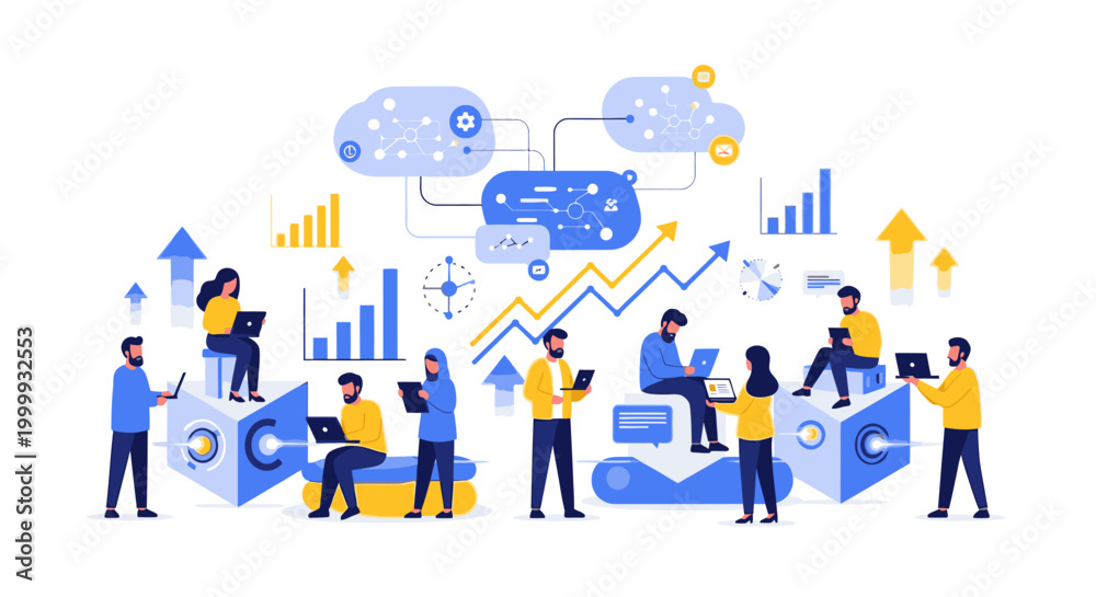 Naklejka premium Flat illustration of a diverse group of people working with large data and analysis symbols in a colorful, abstract scene.