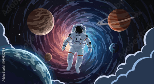 Breathtaking scene of an astronaut floating in deep space against a swirling galaxy backdrop with several planets and distant stars.