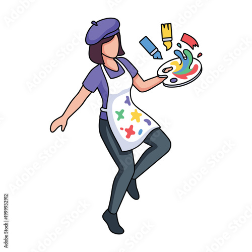 Cartoon Artist with Palette and Beret in Creative Pose.