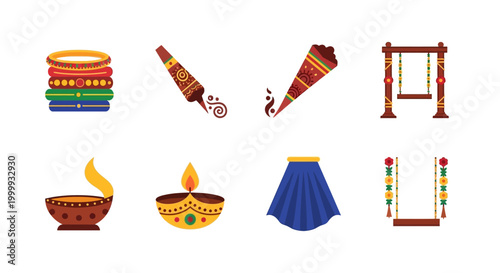 Set of Traditional Indian Festive Icons for Cultural Celebrations.